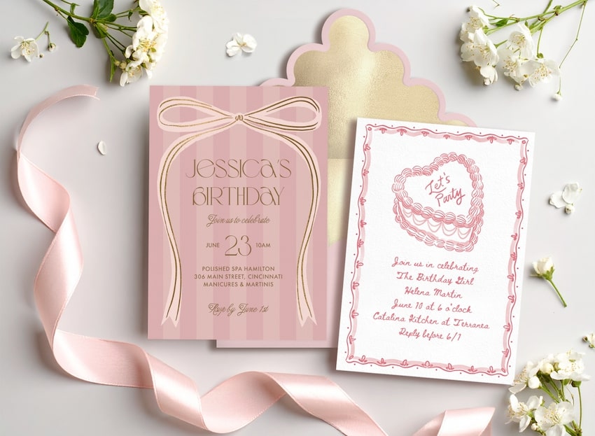 Coquette invitations, a pink ribbon, and a few flowers