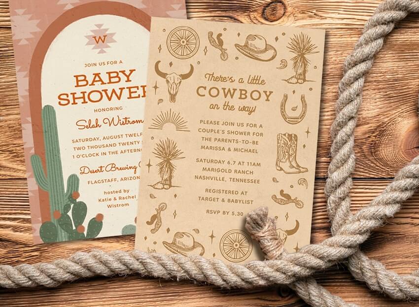 Cowboy-themed baby shower invitations and a rope beside them